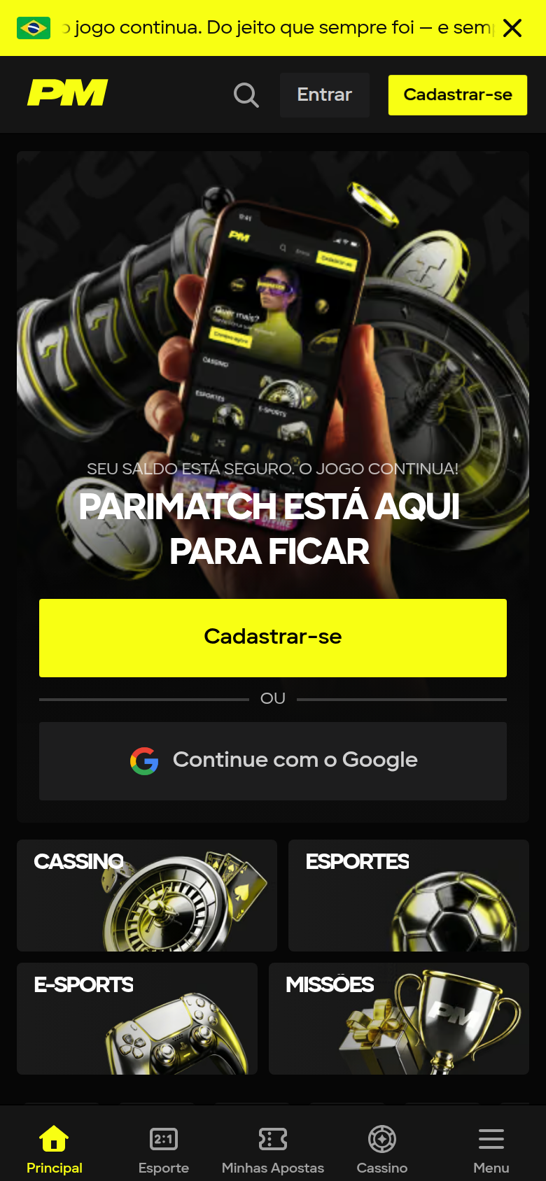Parimatch Casino homepage — mobile